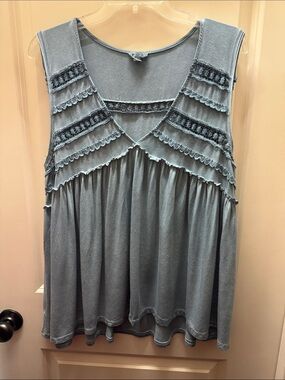 POL Blue Crochet-Trim Sleeveless V-Neck Tank